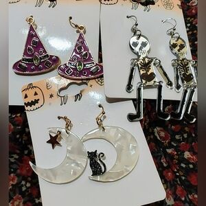 NWT 3 Pair Of Halloween Earrings- Witch Hat, Mirrored Skeletons & Moons w/Cat